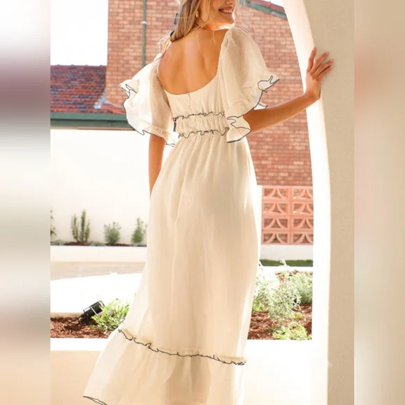 Flutter Sleeve Ruffled Empire Waist Square Neck Contrast Trim Tiered Maxi Dress - Picture 6 of 14